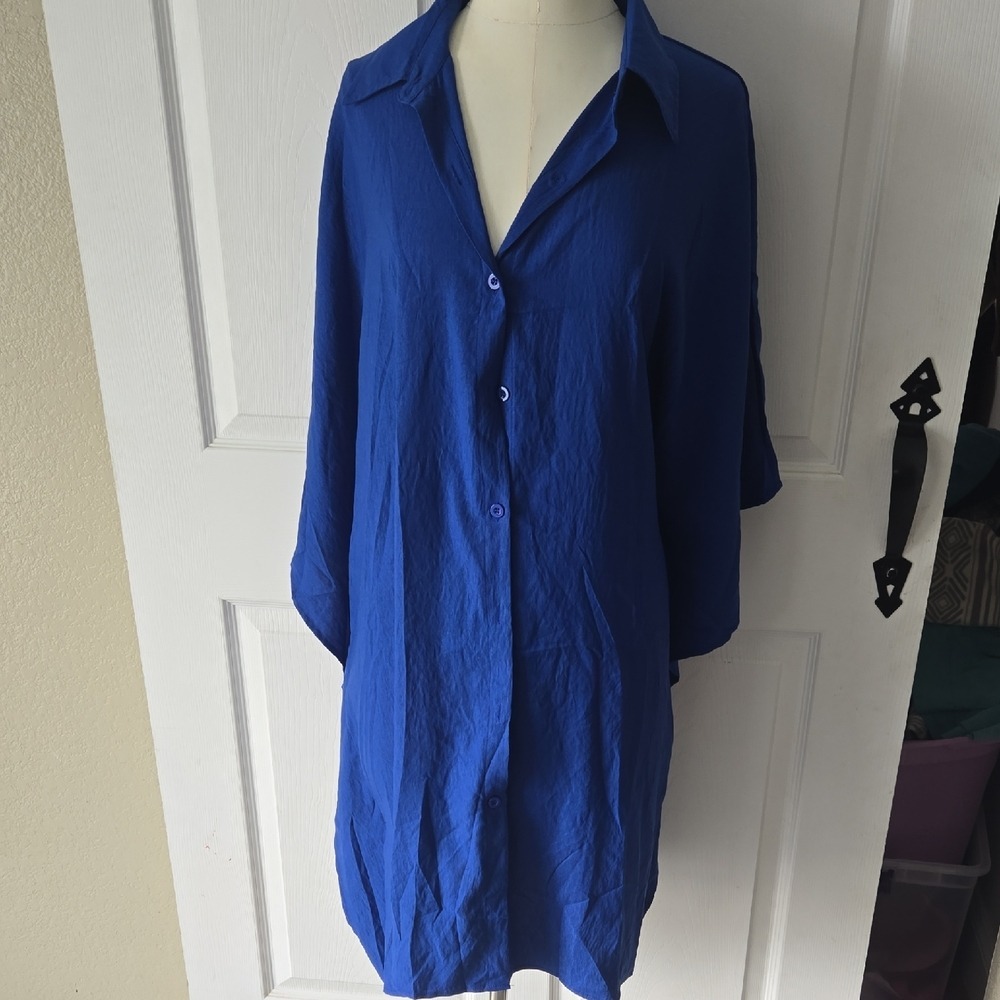 NWT EKOUAEr Women's Blue Rayon Oversized Tunic Shirt Dress Top XXL